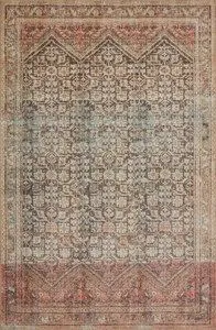 Loren Charcoal Multi Rug with a vintage hand-knotted Turkish design in muted charcoal, beige, and rusty orange tones