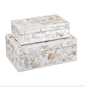 Closed view of stacked mother of pearl boxes showing smooth edges and top surfaces aligned