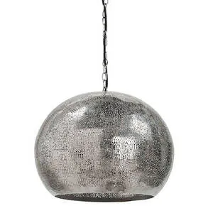 Polished nickel pierced metal sphere pendant with organic perforated design hanging from chain