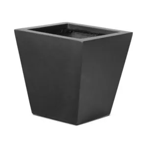 Black concrete outdoor planter with trapezoidal shape, smooth surface, tapered from top to bottom