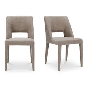 Joyce dining chair set of two in taupe upholstery with carved lower backrest and discreet arm support