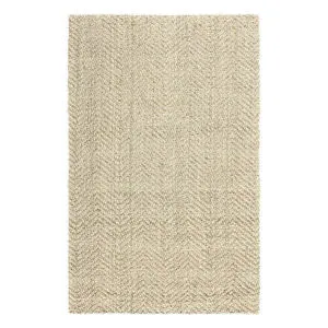 Chevron-patterned handwoven jute area rug in natural beige, rectangular shape with textured surface