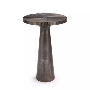 Ellis Table with a round textured top and tapered cylindrical base in warm blackened zinc finish