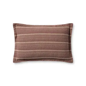 Elongated burgundy throw pillow with beige textured stripes and cotton cover, flange edges
