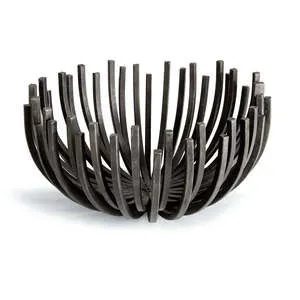 blackened iron sculpted webbed bowl with vertical curved bars forming an open, rounded shape