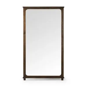 Large full-length floor mirror with deep aged pine frame and slightly curved interior corners