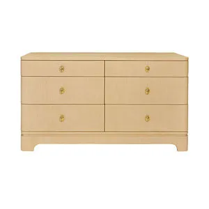 Matte lacquered dresser with rounded edges, six drawers, and gold-accented drawer knobs in a soft beige finish