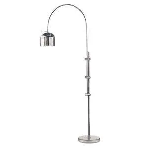 Tall arc floor lamp with round metallic base and curved metal shade in a polished chrome finish