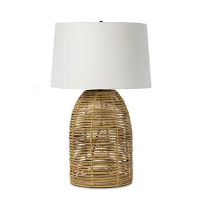 Monica bamboo table lamp with woven rattan base and natural linen drum shade in warm neutral tones