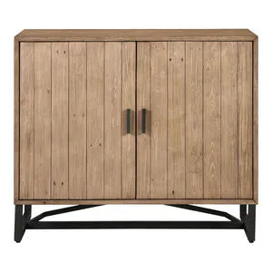 Sierra 2 door cabinet in reclaimed pine wood with vertical planks, black metal base, and two black handles