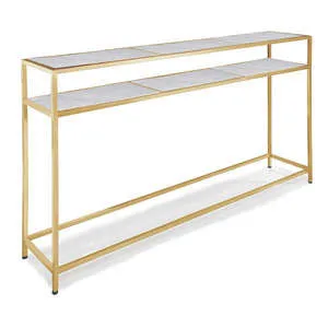 Echelon console table with two white marble shelves and a slim natural brass iron frame