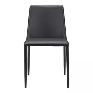 Nora Pu dining chair in light grey vegan leather with a sleek square back and slim black iron legs