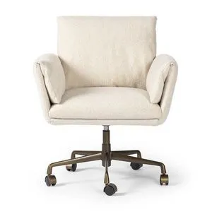 Off-white linen Salerno Desk Chair with inviting backrest, foldover seat, bronze swivel base and rolling casters