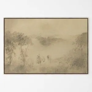 Along Side You painting with misty Texas Hill Country landscape in soft beige and gray tones on raw canvas with white oak ...