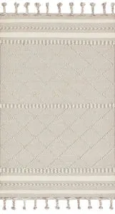 Sawyer Silver Rug in neutral tones with diamond pattern and horizontal stripes topped with twisted fringe