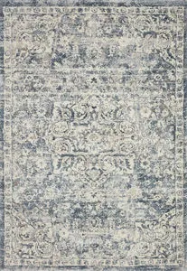 Full top-down view of rectangular ivory and blue patterned modern rug with ornate medallion design
