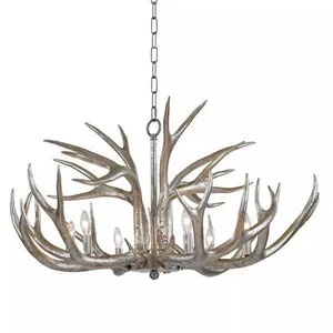 Antler chandelier with metallic ambered silver leaf finish, featuring multiple curved resin antlers and exposed bulbs