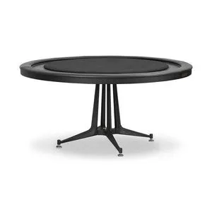 Round District Eight poker table with black felt top, leather cushioned edge, and cast iron trestle pedestal base