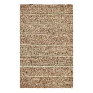 Hand-woven natural jute area rug with striped pattern and neutral earth tones