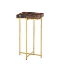 Casey Accent Table with mosaic shell top inset in warm brass-finished stainless steel frame with ex-shaped stretcher legs