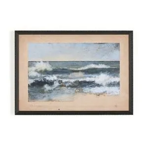 Landscape painting of ocean waves using dry brush technique in a black distressed pine Brimfield frame