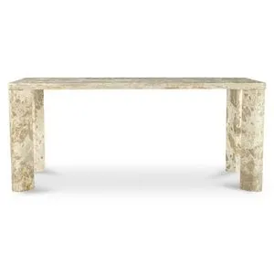 Segment Dining Table with rounded base segmented into angled sections and Panther stone top with natural veining