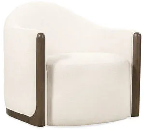 Cora Swivel Chair with rounded back, ivory fabric upholstery, and dark wood trim on sides and base