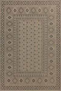 Indoor/outdoor Providence Dove / Charcoal Rug with woven-style earth-toned geometric and checkerboard pattern.