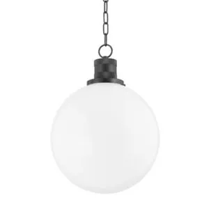 Large bronze pendant light with frosted white glass globe and metal chain suspension
