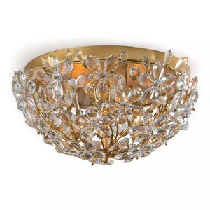 Flush mount ceiling light with gold frame and crystal flower clusters creating a sparkling floral design