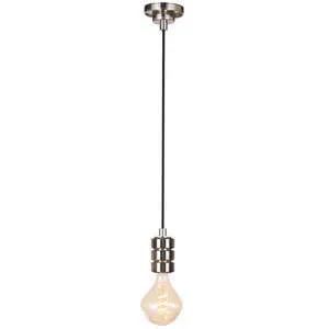 Clive Pendant in natural brass with cylindrical segmented metal holder and exposed vintage-style Edison bulb hanging from ...