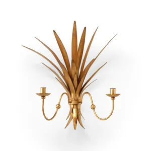 Iron Wheat Sconce with old gold finish featuring a sheaf of leaves and two curved arms holding tapered candle holders