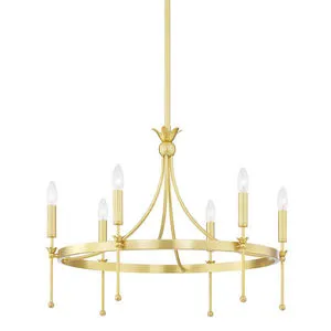 Gold 6 light chandelier with downward-stretching arms ending in small balls and tulip-shaped accents