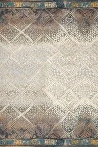 Mika Ivory Mediterranean Rug with abstract tribal-inspired diamond patterns in ivory, blue, and brown tones with textured ...