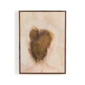 Soft-toned painting titled Figure 3 by Brittney Schulz featuring a blurred back view of a woman with hair up in a bun in a...