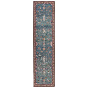 Traditional floral runner rug with blue background and red border featuring intricate vintage-style floral motifs