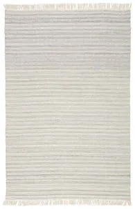 Full view of light gray and cream Torre rug with fringed edges on both ends