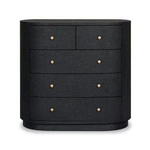 Amelia Chest dressed in dark textured finish with rounded silhouette and brass-finished round drawer pulls