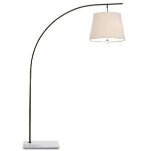 Cloister Bronze Floor Lamp with curved bronze metal arm, white tapered fabric shade, and rectangular marble base