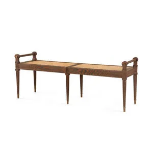 Vienna Large Bench in driftwood-stained cerused oak with handwoven cane seat and brass accents