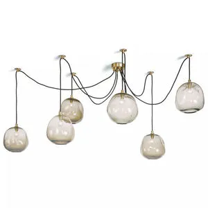 Molten Spider chandelier with six irregularly shaped smoky glass shades suspended by black fabric cords and brass canopies