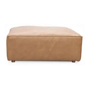 Square tan leather Form Ottoman with slightly rounded edges and low cylindrical feet