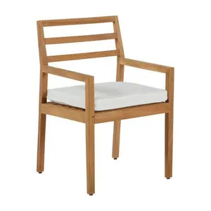 Santa Barbara Teak Arm Chair with teak wood frame and white seat cushion, outdoor dining chair with slatted backrest and a...