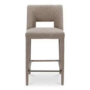 Joyce counter stool in light brown upholstery with carved lower backrest and straight, fabric-covered legs