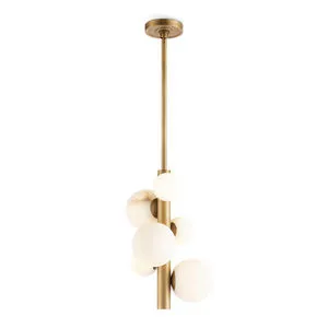 Vertical pendant with natural brass metal base and multiple alabaster stone orbs clustered around it