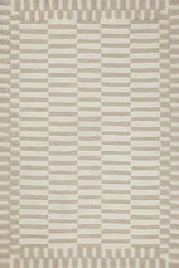 Ivory and beige modern rug with two-toned linear striped pattern and alternating high-low wool pile