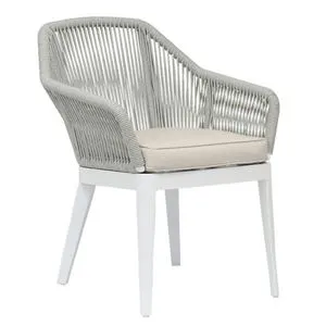Miami Dining Chair with silver-grey all-weather rope back and arms, white aluminum tapered legs, and beige cushion