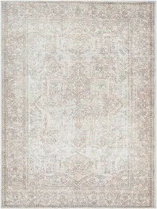 Margot Brown/Amber vintage style area rug with muted floral medallion and intricate border in soft brown and amber tones