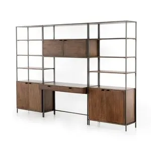Trey Auburn modular wall desk with two tall bookcases in dark wood and metal frame with multiple shelves and closed cabinets