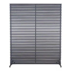 Large privacy screen with black aluminum frame and evenly spaced natural hardwood slats